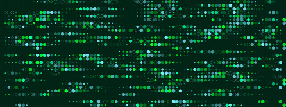 Abstract Digital Data Stream Background with Green and Blue Glowing Dots Representing Network Connectivity and Technology