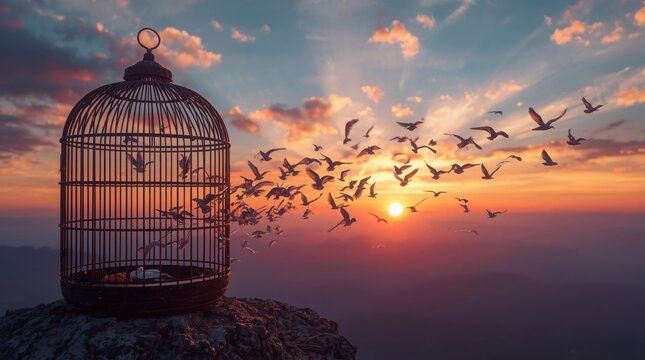 Birds flying out of a cage on a rocky cliff at sunset