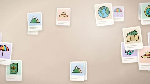 Travel icons on pastel cards floating with globe airplane compass and vacation symbols