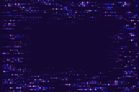 Abstract Digital Frame with Glowing Blue and Purple Geometric Data Particles on Dark Background for Tech Design