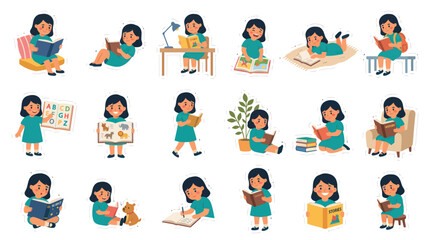 Fototapeta premium Collection of Cute Girl Reading Books in Various Poses. Flat Cartoon Vector Illustration for Education and Childhood.