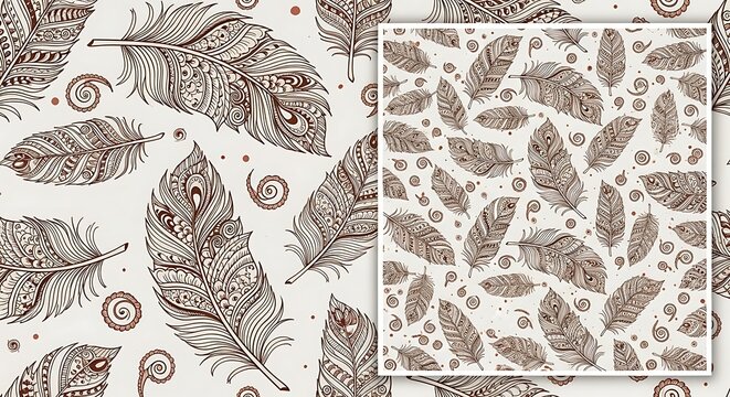 A digital illustration of a repeating pattern featuring various brown feathers and circular designs on a white background, with a zoomed-in inset