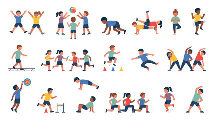 Fototapeta premium Flat Design Vector Illustration of Children and Adults Exercising for Fitness, Sports, and Physical Education