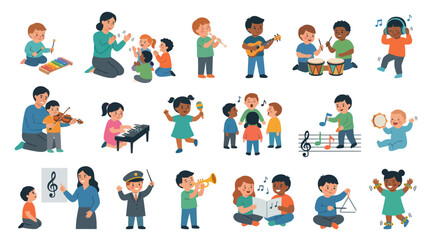 Fototapeta premium Flat Vector Illustration Set of Diverse Children Learning Music and Playing Instruments in Early Childhood Education