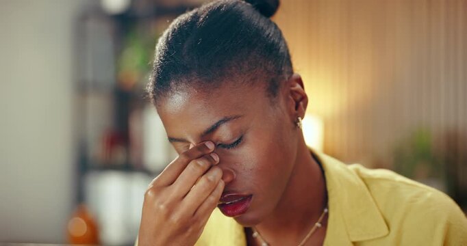 Stress, headache and black woman in home with remote work for creative project with deadline. Glasses, computer and African female editor with migraine for eye strain, brain fog or fatigue in house.