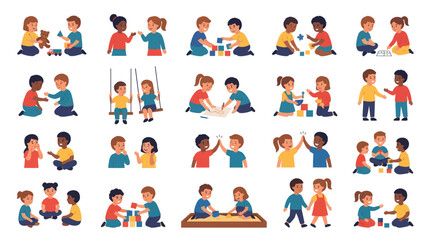 Fototapeta premium Diverse Kids Playing and Interacting in Flat Vector Early Childhood Education Illustration Set