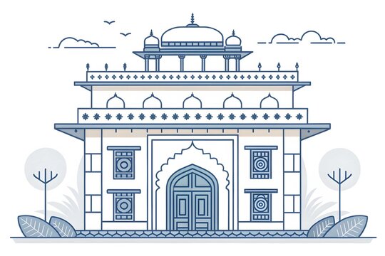 Traditional Indian haveli with ornate entrance and flat roofline, minimal vector style, simplified decorative geometry