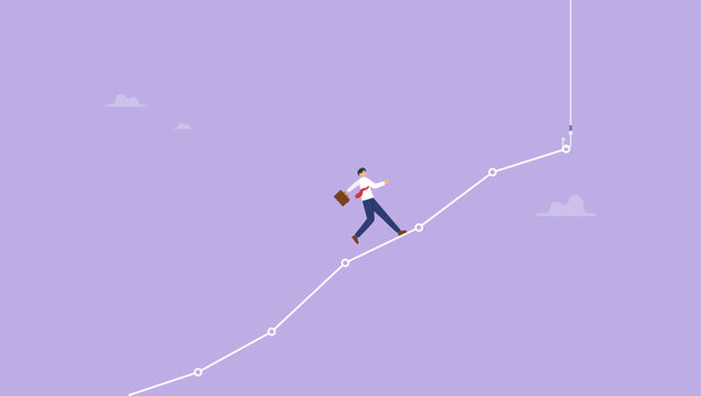 Businessman running higher on graph to fishing hook. Bait and hook in business, business or money trap concept.