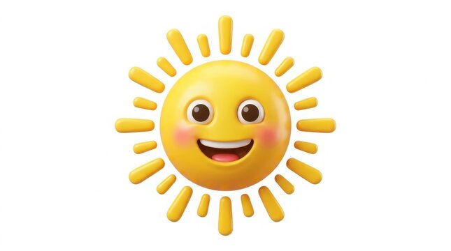 Cheerful 3D sun character with smiling face, vibrant yellow sunshine emoji with rosy cheeks, playful summer sun icon for weather and children's design isolated on White Background