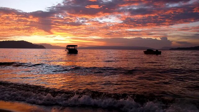 Silhouette of traditional wooden boat floating on a gentle waves during a dramatic fiery orange sunset at Pasir Putih Beach Balige, Lake Toba