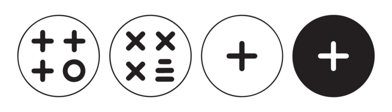 Collection of math interface icons for mobile applications featuring arithmetic signs and grid items.