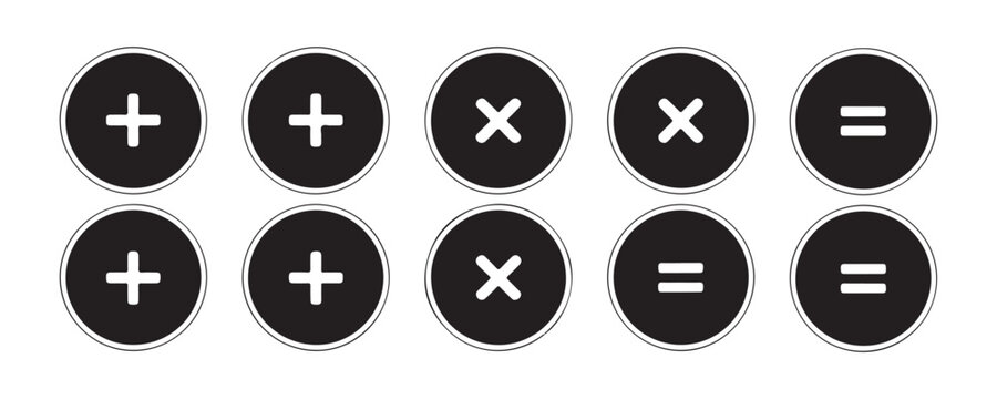 Dark themed round user interface buttons with math symbols for modern software and web applications.