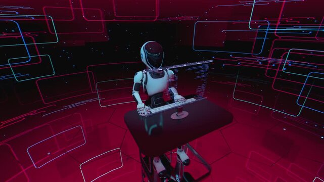 Seamless 3d animation loop of an artificial intelligence programmer in a high-tech cyberspace with digital screens and network background. Futuristic robot working on computer and writing code. 