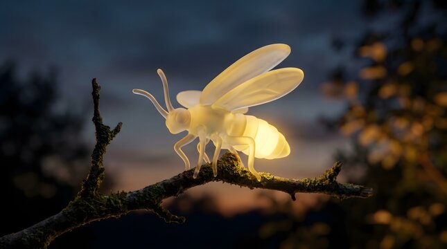 Glowing crystal firefly resting on a mossy branch against a blurred evening nature background