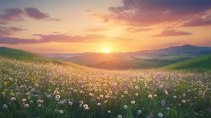 Fototapeta premium Scenic sunset over blooming meadow and rolling hills with golden light