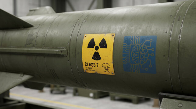 Closeup of a military bomb with a yellow radioactive warning sticker indicating a dangerous payload