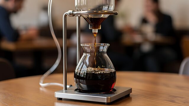 Cold brew coffee dripping into a glass carafe in a cafe
