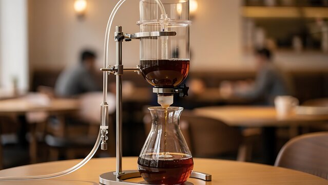Professional cold brew coffee apparatus dripping in modern cafe