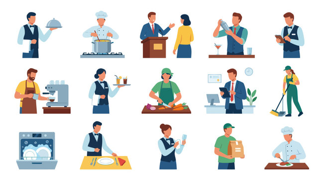 Diverse Restaurant Staff and Services Flat Vector Illustration Set