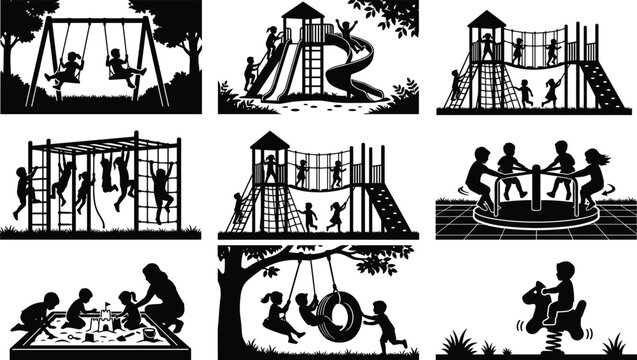 Black silhouette icons of happy children playing on playground equipment set isolated on white background