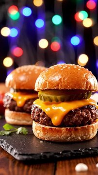 Cinematic View Of Row Of Three Beef Sliders With Mini Buns Melted Cheese And Pickle Slice In Fun Party Lighting Finger Food Commercial