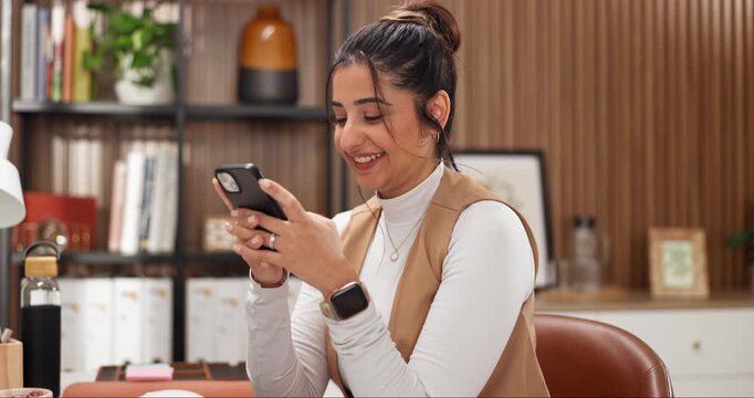 Freelancer, texting and woman with phone in home office, public relations or network on social media. Publicist, laughing and reading funny message on web, remote work and happy person with mobile