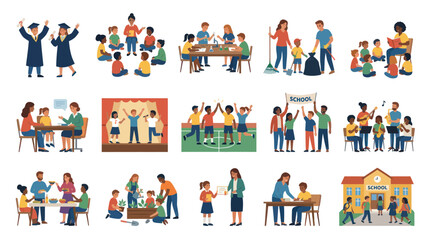 Fototapeta premium Diverse Students and Teachers in Various School Activities, Flat Design Vector