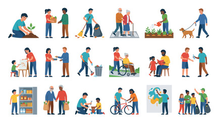 Fototapeta premium Flat Style Vector Icons of People Helping Each Other, Community Services, Volunteering