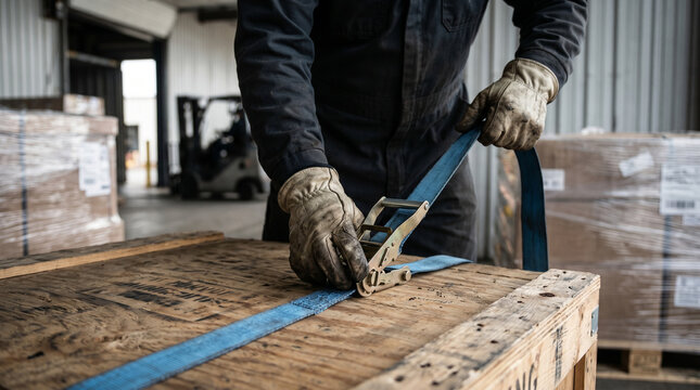 Worker securing cargo with ratchet strap