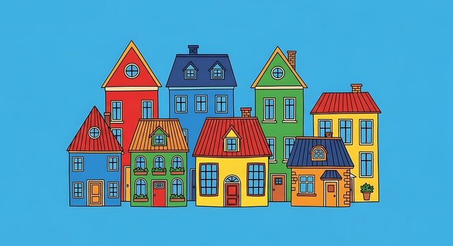 A colorful illustration of a row of cartoon houses on a blue background
