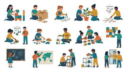 Fototapeta premium Children Learning and Playing with Educational Toys and Activities, Flat Style Vector