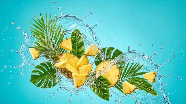 Pineapple chunks and green tropical leaves splashing in clear water, isolated on a bright turquoise blue background