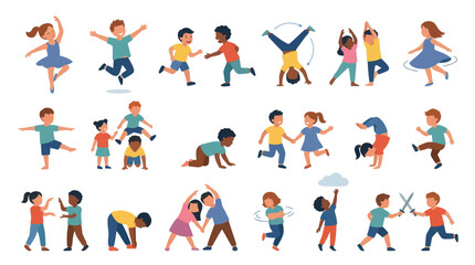 Fototapeta premium Diverse Children Playing and Exercising Flat Vector Illustration Set for Child Development and Physical Education