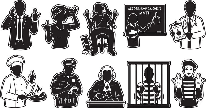 Set of black and white silhouette stickers featuring various professionals and characters giving the middle finger gesture, including a businessman, doctor, chef, judge, police officer, and mime