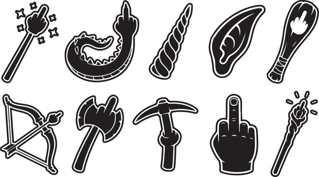 Set of black and white sticker featuring fantasy magical and hands making a middle finger gesture, including a magic wand, dragon tail, unicorn horn, bow, axe, and pickaxe