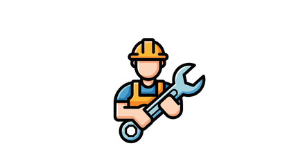 Fototapeta premium Cartoon style construction worker character holding a large metal wrench.