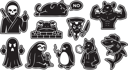 A collection of black and white stickers featuring a grim reaper, a lazy cat, a muscular rat, a grumpy frog on a brick wall, a pizza slice with a knife, a ghost, a sloth, a penguin, a wolf, and a © MdAbu