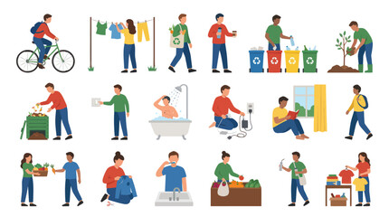 Fototapeta premium Flat Style Icons: People Practicing Eco-Friendly Activities for Sustainability