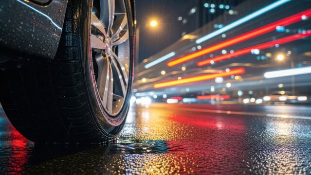 Pneu carro noite chuva asfalto molhado