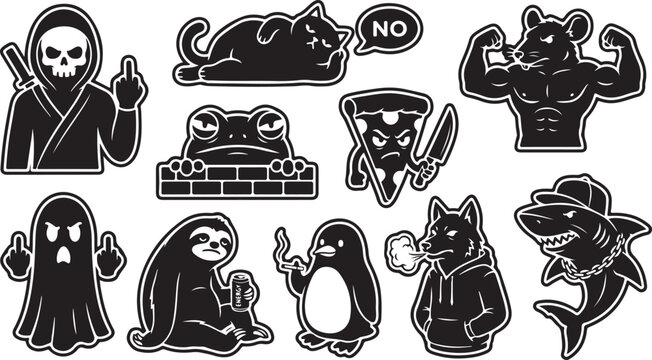 A collection of black and white stickers featuring a grim reaper, a lazy cat, a muscular rat, a grumpy frog on a brick wall, a pizza slice with a knife, a ghost, a sloth, a penguin, a wolf, and a