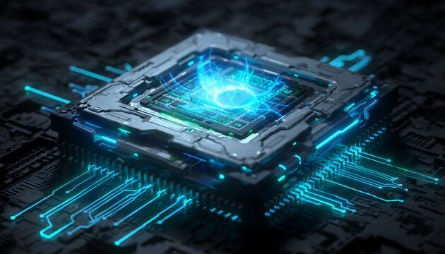Futuristic computer processor CPU with glowing blue circuit lines representing artificial intelligence and quantum computing