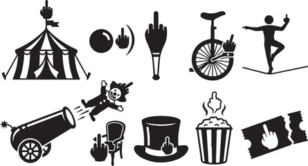 Collection of circus-themed featuring a black and white silhouette style, including a big tent, unicycle, cannon, clown, hat, popcorn, and hand gestures showing the middle finger © MdAbu