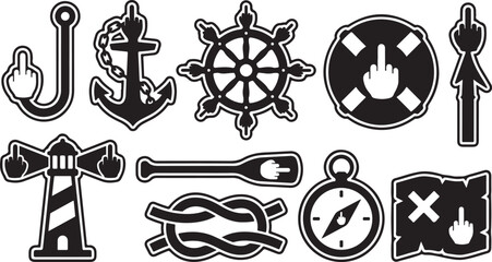 Nautical set featuring black and white maritime symbols including a ship wheel, anchor, lighthouse, compass, and map, each stylized with a middle finger hand gesture motif © MdAbu