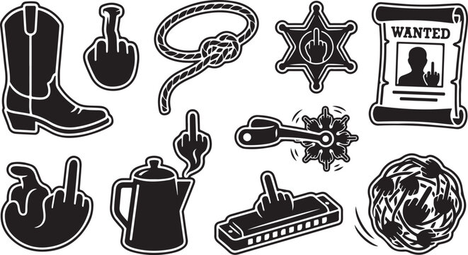 Collection of wild west themed featuring cowboy boots, lassos, sheriff badges, wanted posters, spurs, coffee pots, harmonicas, and tumbleweeds, all incorporating middle finger hand gestures