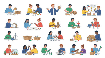 Fototapeta premium Diverse Kids Doing STEM Projects: Building, Crafting, Engineering, Technology, Art