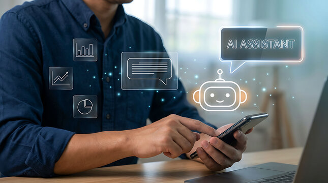 Man using AI assistant chatbot on smartphone for business analytics