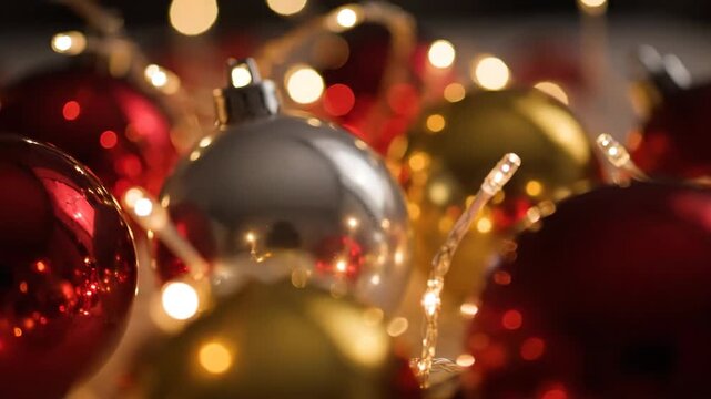 Close-up of vibrant Christmas ornaments and sparkling string lights with festive bokeh