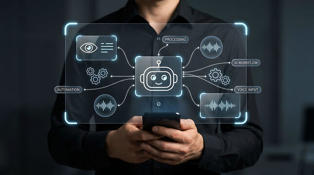 Businessman using phone with AI chatbot assistant and workflow concept