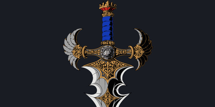 Ornate fantasy sword with intricate gold and silver details and a blue gemstone hilt gemstone medieval illustration detailed intricate swordplay crossguard swordsmith craftsmanship artistic