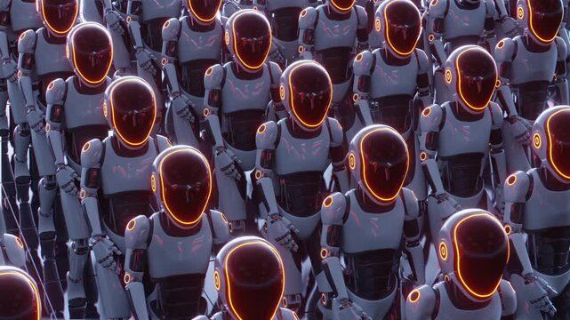 Endless 3d animation loop of a futuristic humanoid robot army walking together. Concept of mass automation, artificial intelligence taking over and technology workforce in a sci-fi cyber world.